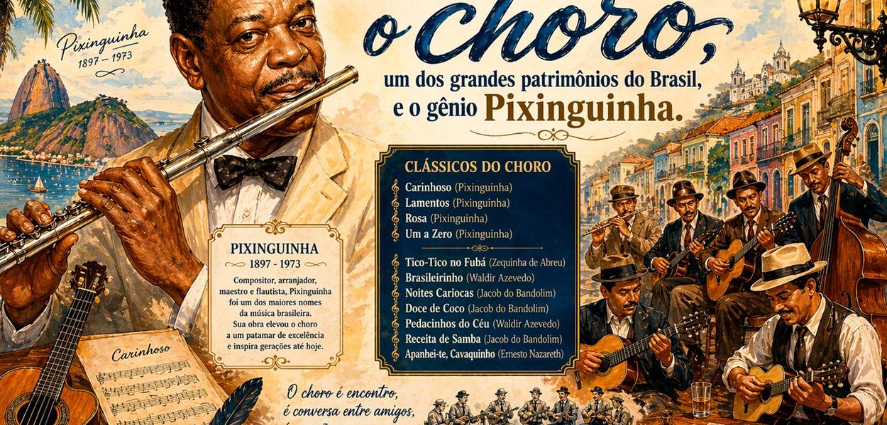 Músico Pixinguinha e outros artistas brasileiros tocando choro em uma cena histórica.