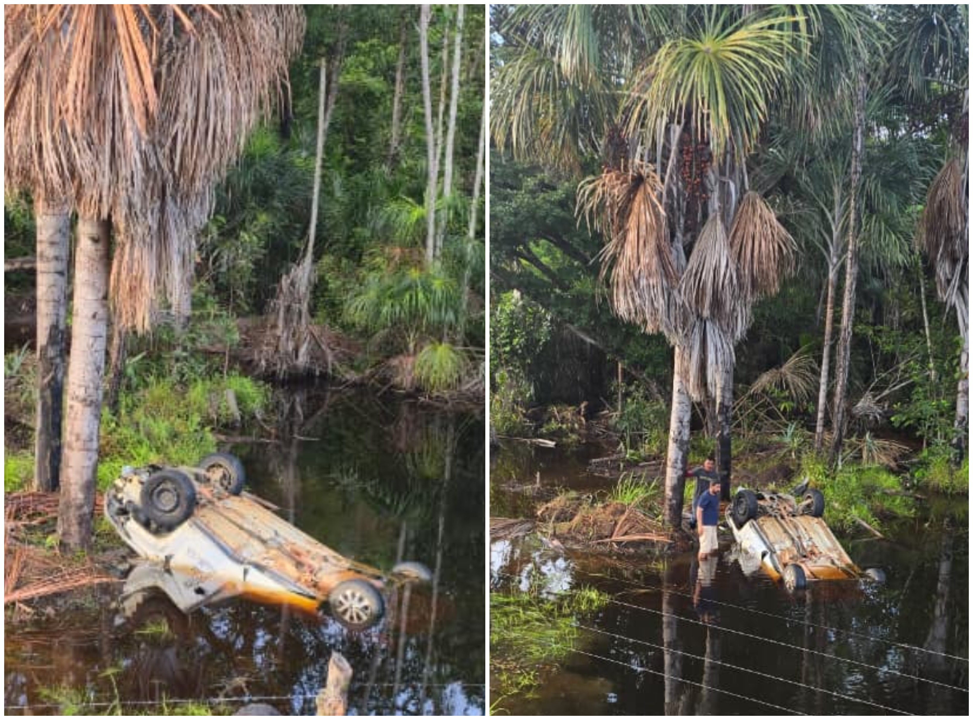 Carro é encontrado submerso em riacho de estrada em Mucajaí