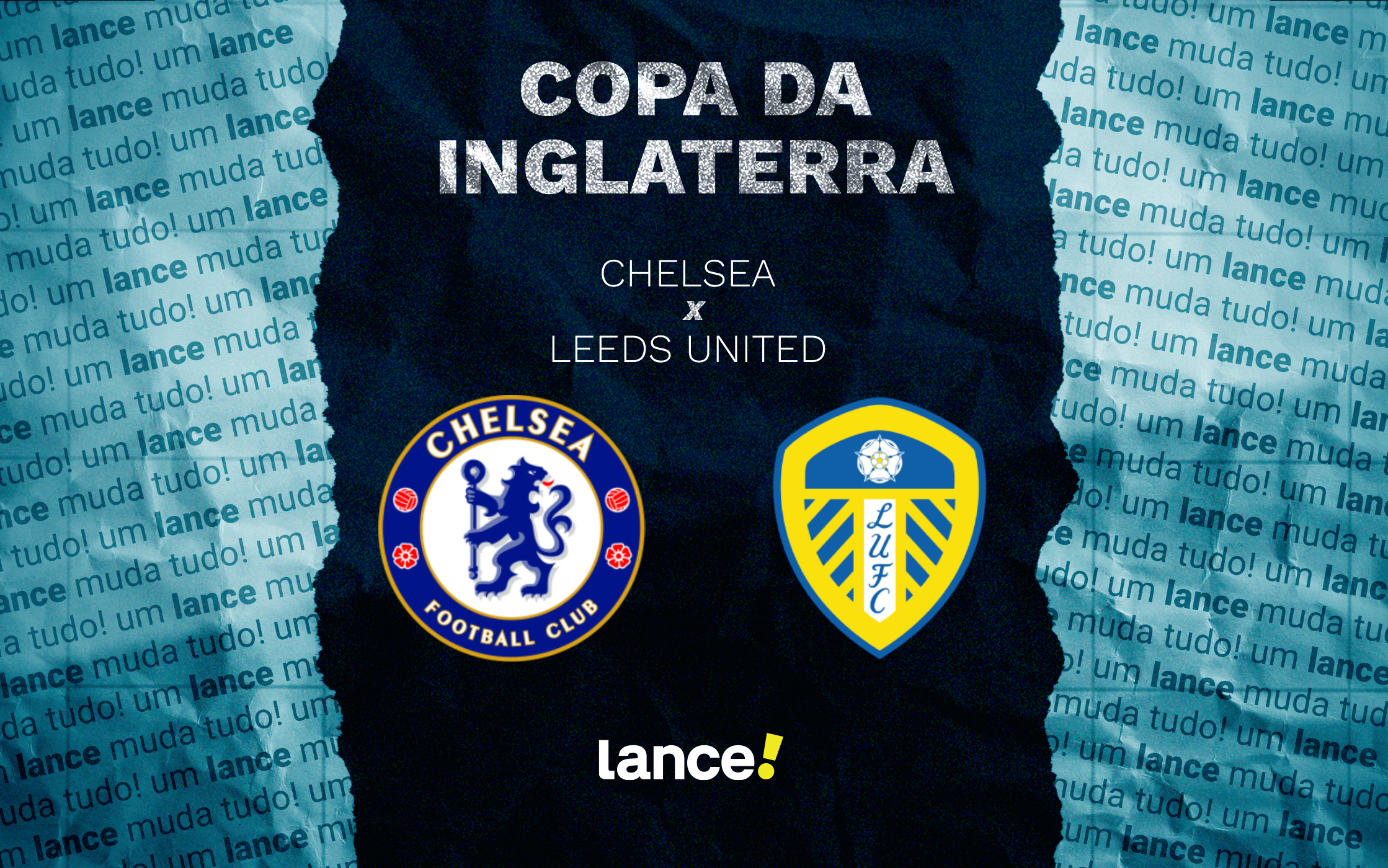 Jornalistas em redação, com telas de televisão ao fundo, mostrando escalações de Chelsea e Leeds United.