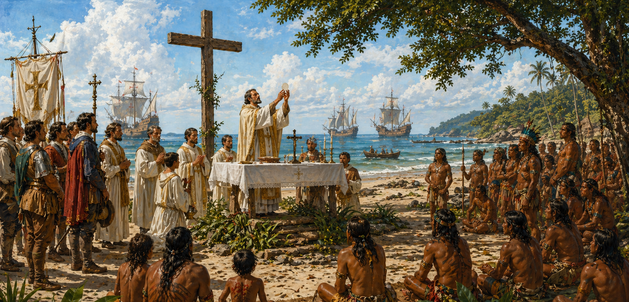 Padre celebrando a primeira missa no Brasil, cercado por colonizadores e povos indígenas.