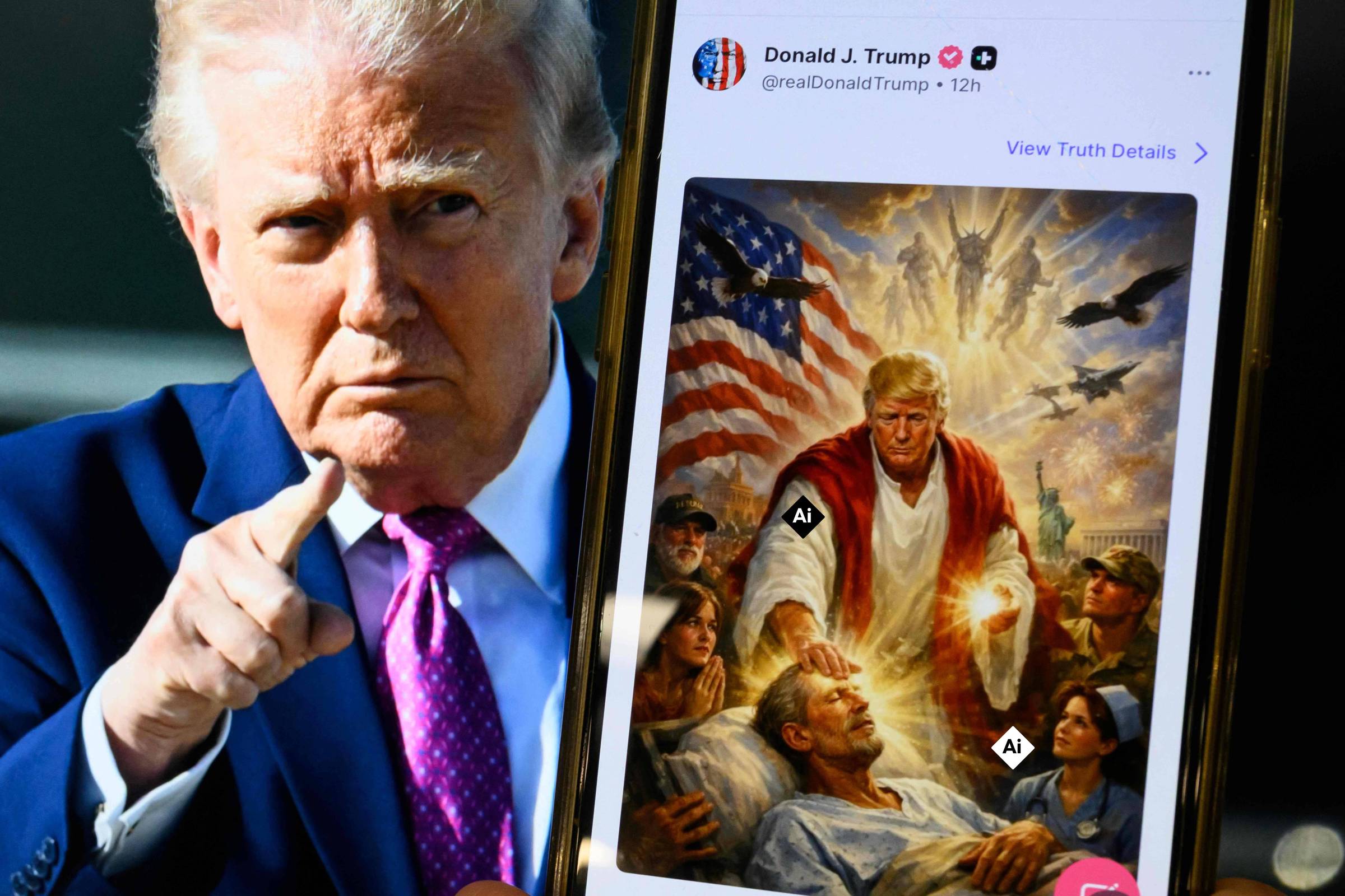Leão 14 interrompe Trump durante entrevista, enquanto Francisco assiste atônito.