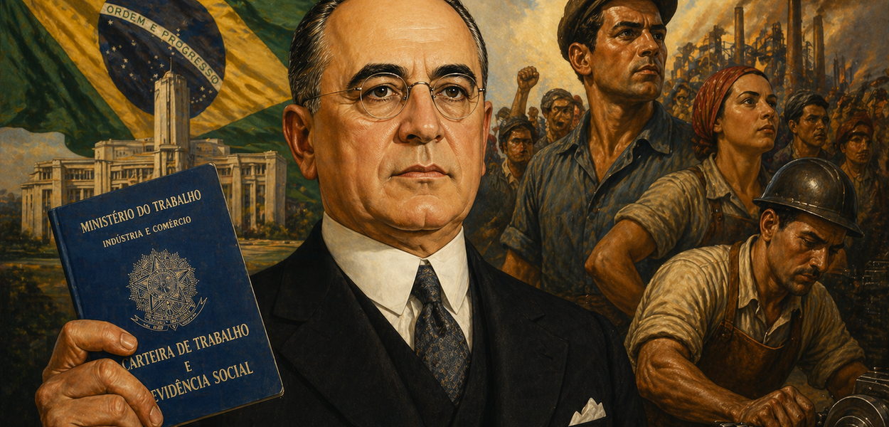 Getúlio Vargas assina a CLT, marco histórico dos direitos trabalhistas no Brasil.