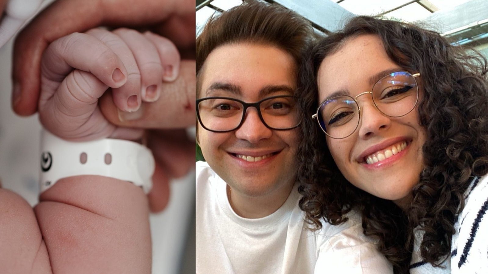 Duas streamers sorriem ao lado de um bebê, em uma cena de notícia jornalística sobre o nascimento de seu filho.
