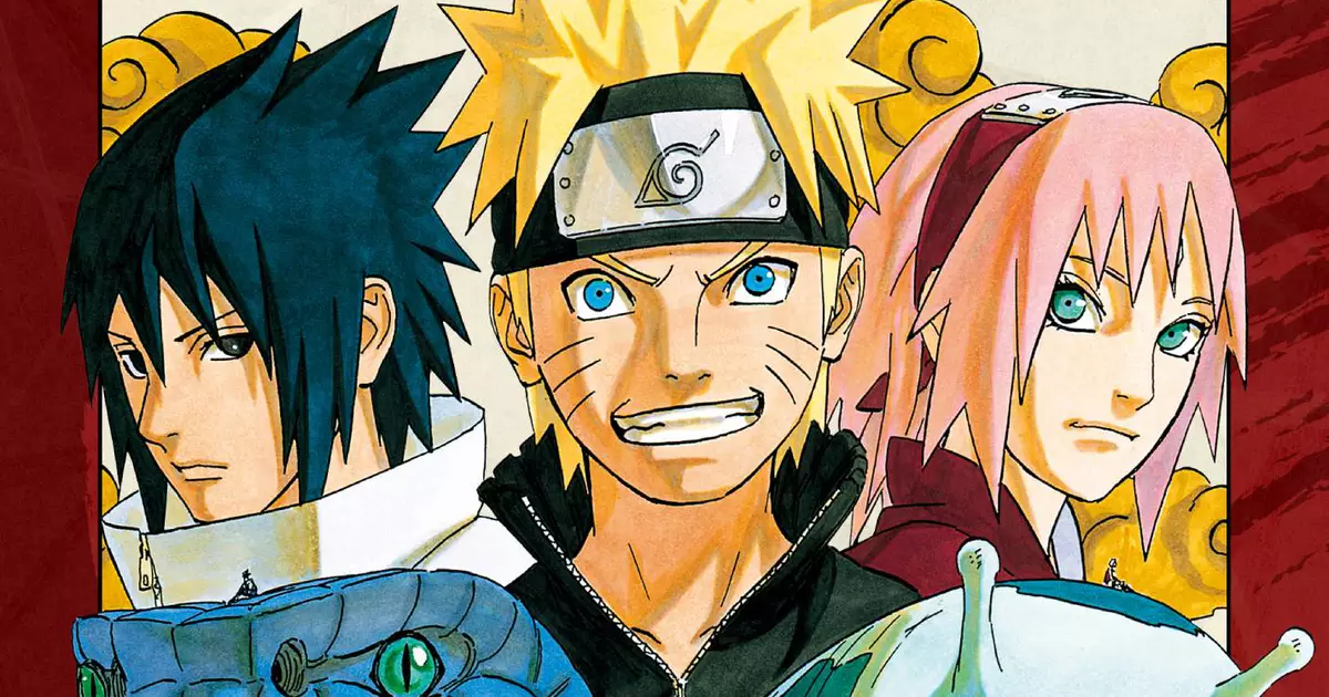 Naruto: capa de jornal com imagens das sagas e filmes do anime em ordem cronológica.