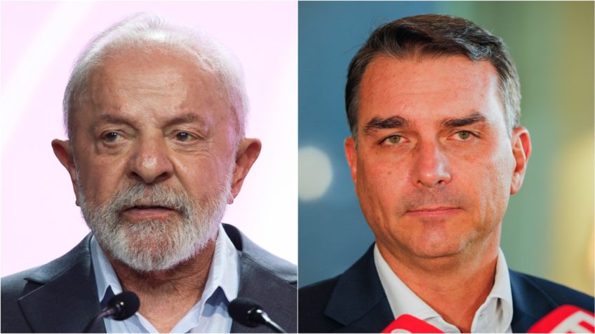 Cena de jornalismo eleitoral com gráficos de votação em 2º turno, mostrando Lula e Flávio em disputa por 5 estados cada.