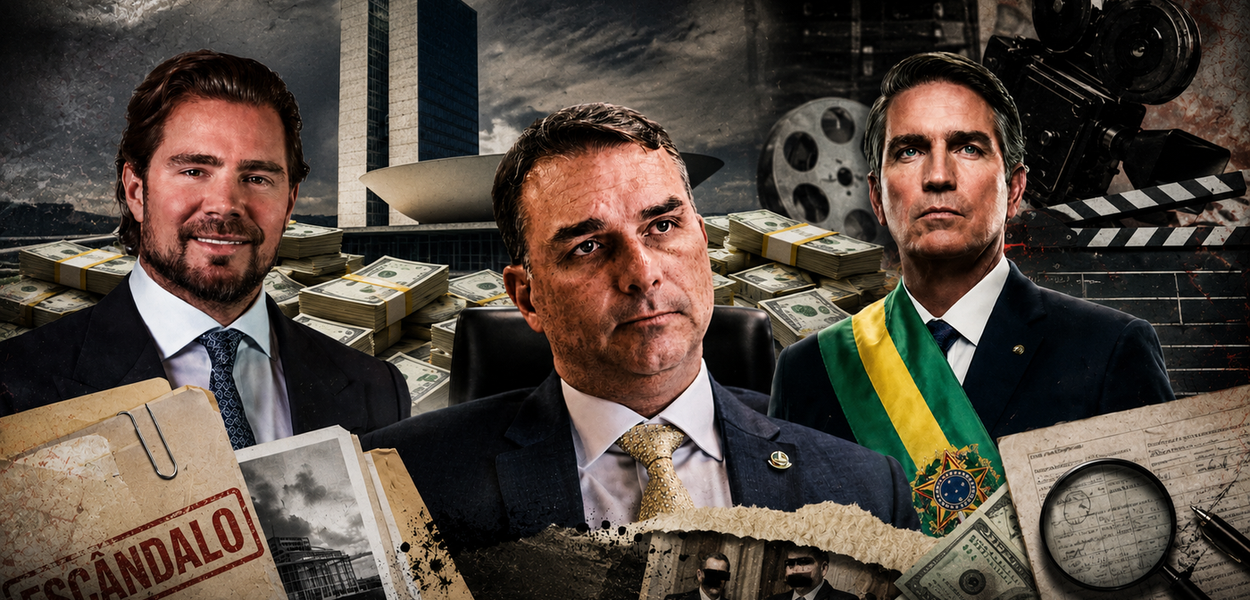 Homem segurando uma grana em frente a uma câmera de jornal, com um fundo de notícias políticas.