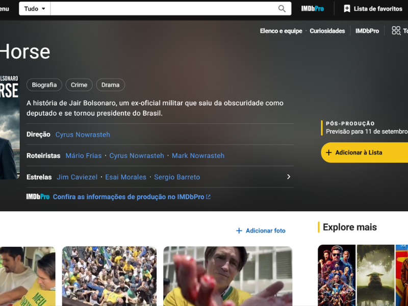 Filme sobre Bolsonaro aparece classificado no gênero de crime, no site especializado IMDb