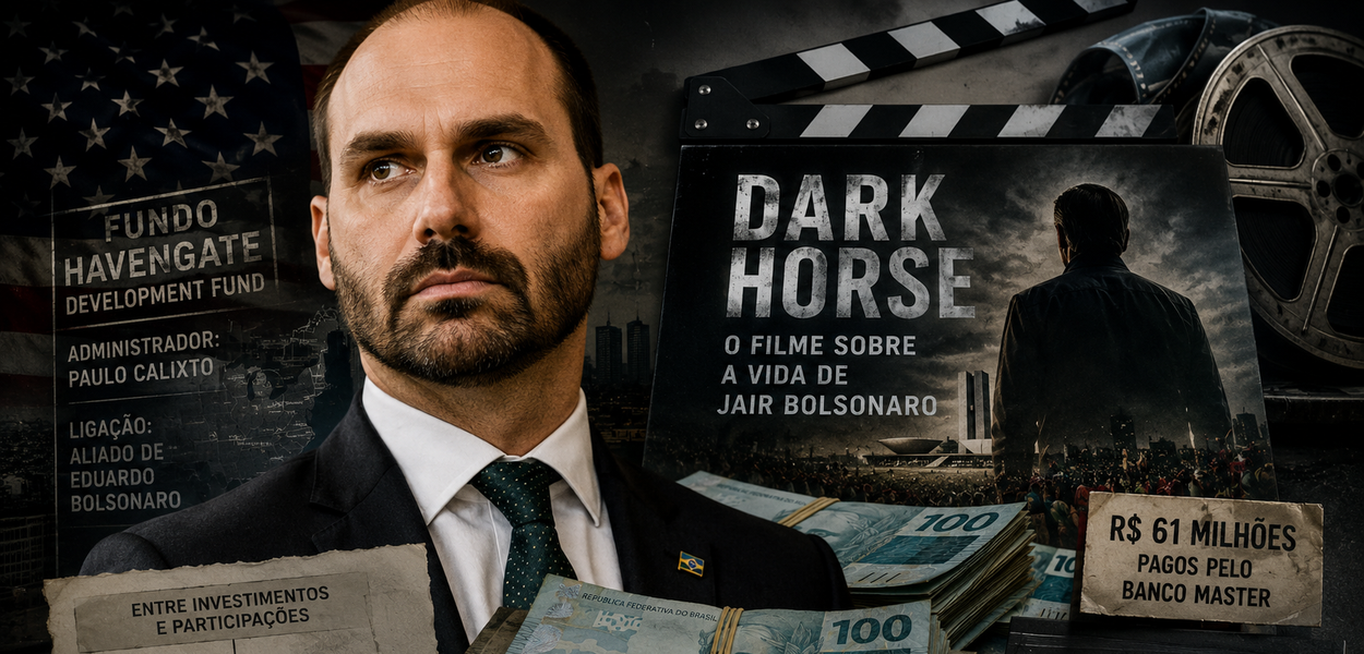 Eduardo Bolsonaro ao lado de Flávio, ambos com expressões determinadas.