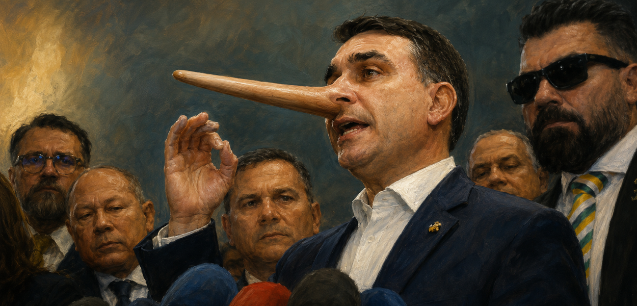 Político brasileiro Flavio Bolsonaro retratado como Pinóquio com nariz crescendo, símbolo de mentiras e desonestidade.