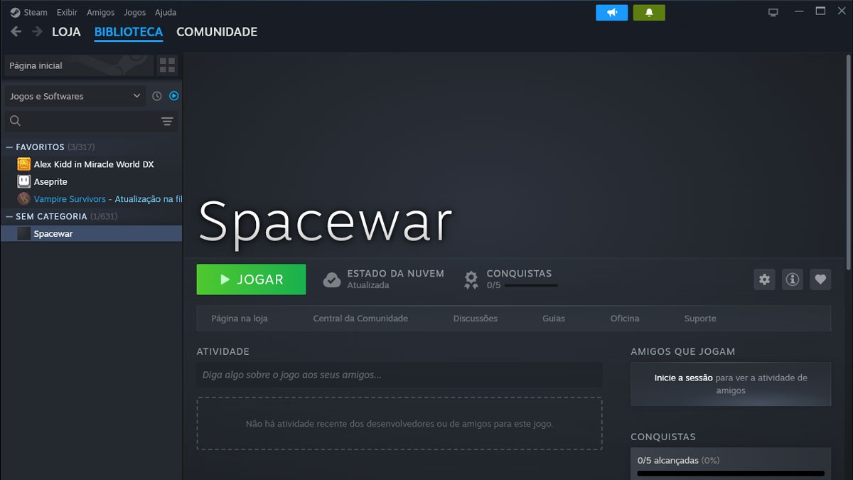 Imagem de Spacewar no Steam, jogo clássico de simulação de voo espacial em uma biblioteca de jogos.