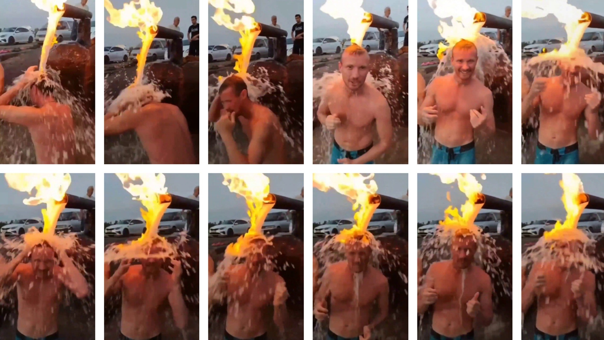Vídeo que mostra homem tomando banho em fonte em meio a chamas é real