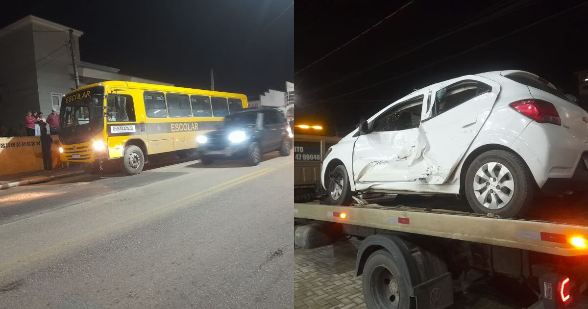 Motorista fica preso às ferragens após acidente entre carro e ônibus em Guabiruba