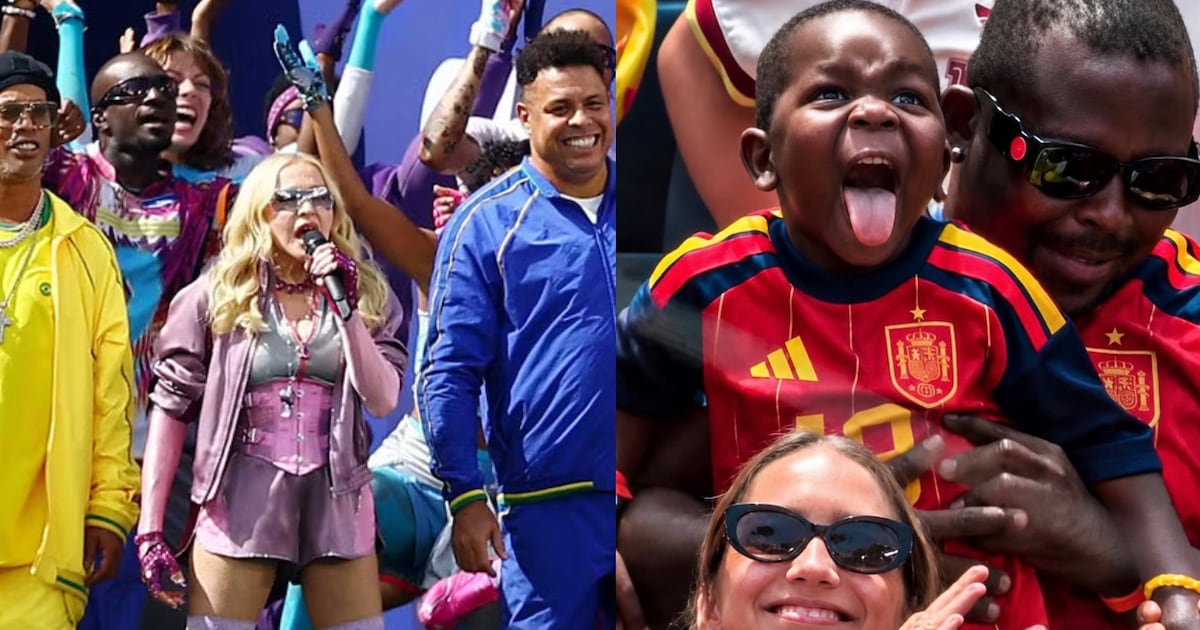 Imagem de Ronaldo e Madonna ao lado de um jovem, provavelmente o irmão Yamal, em uma cena de Copa do Mundo.