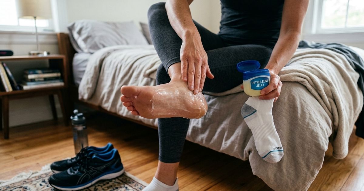 Mulher se prepara para corrida, aplicando um produto nos pés para prevenir bolhas.