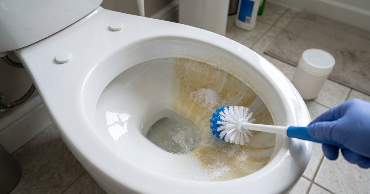 Mulher resolve mancha branca no vaso sanitário com um punhado de areia.