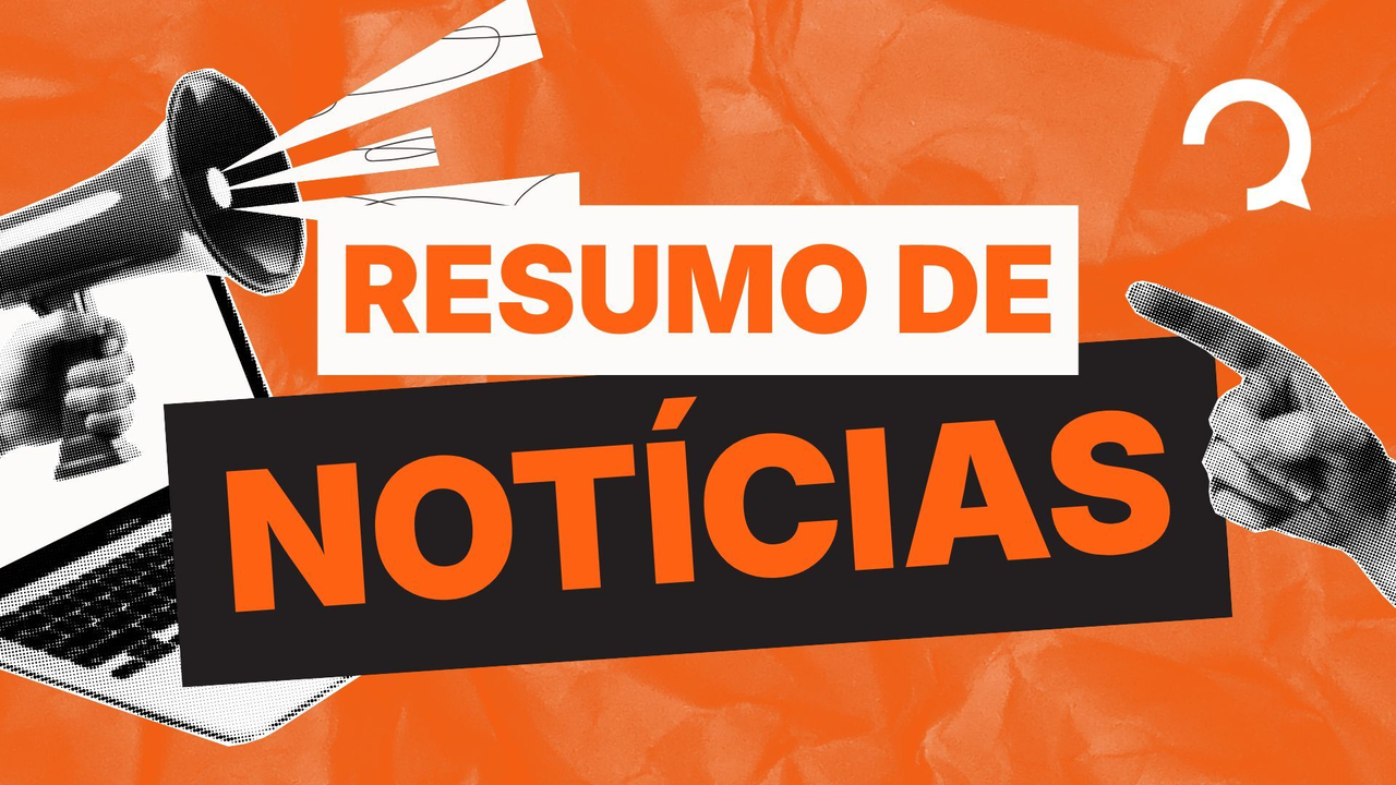 Jornalistas trabalham em frente a uma mesa com jornais e computadores, com imagens de concursos e notícias em segundo plano.