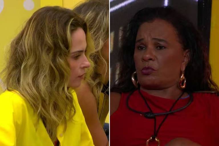 Solange Couto explica "espraguejar" em entrevista, gesticulando com as mãos em estúdio.