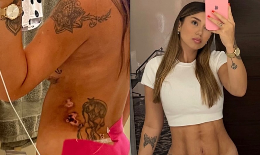 Mulher influente sentada em hospital, com expressão de dor e preocupação, ao lado de seu marido.