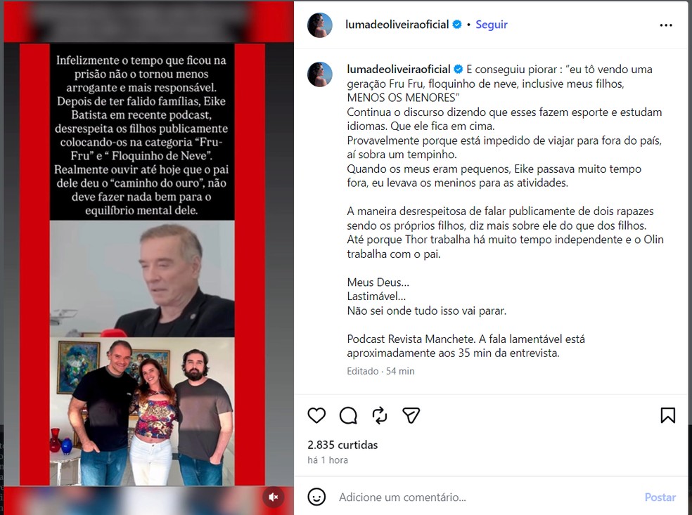 Luma de Oliveira recebe apoio de celebridades e fãs após controvérsia com Eike Batista.