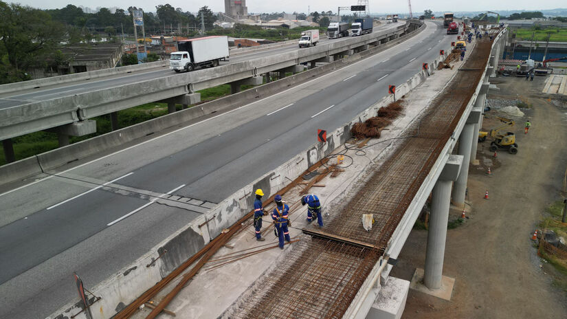 Viadutos em construção no Rodoanel, uma megaobra de infraestrutura rodoviária.