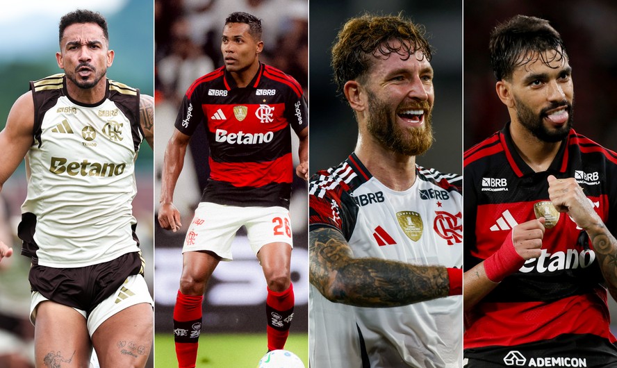 Jogadores do Flamengo em ação durante Copa do Mundo, com quatro representantes da seleção brasileira.