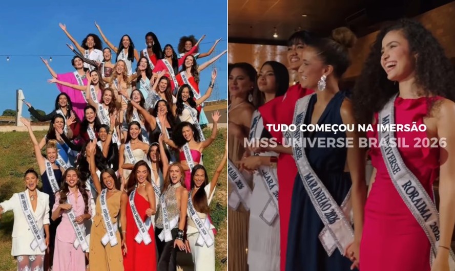Mulheres elegantes se apresentam em um palco iluminado, competindo pelo título de Miss Universe Brasil.