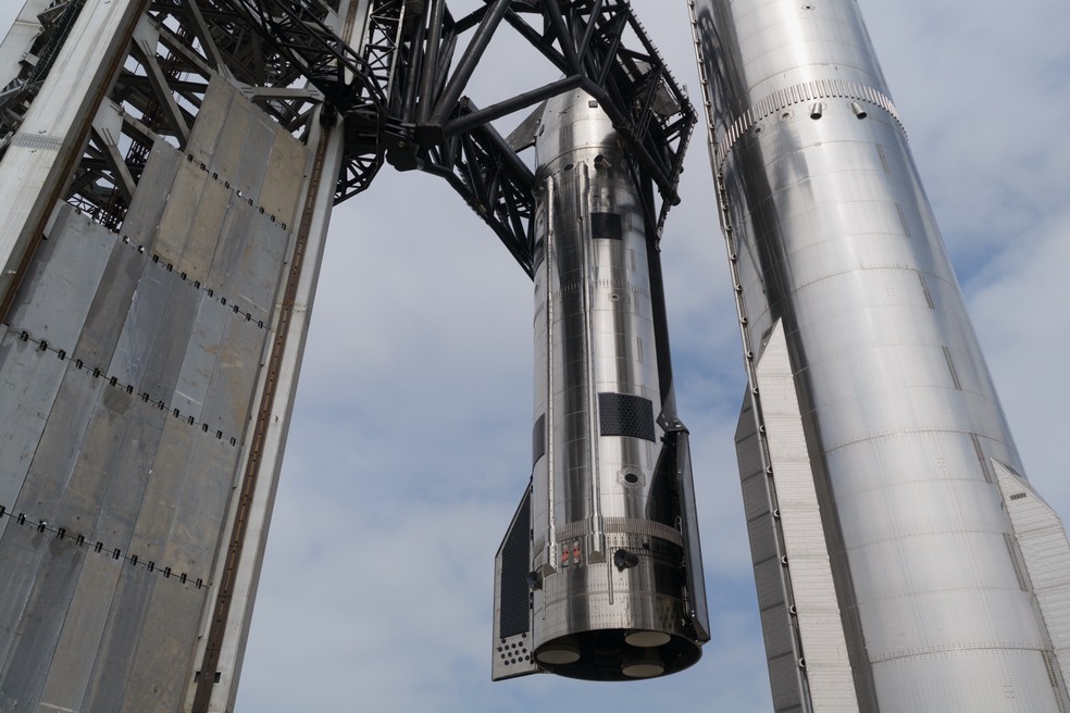 Imagem de uma equipe de jornalistas em volta de uma tela de TV mostrando a SpaceX Starship em lançamento.