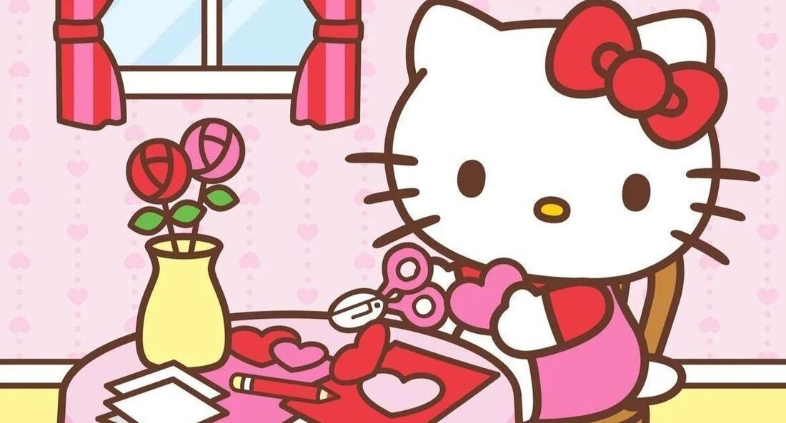 Hello Kitty em cena de notícia jornalística, sorrindo em frente a uma tela de cinema com o título de seu primeiro filme de Hollywood.