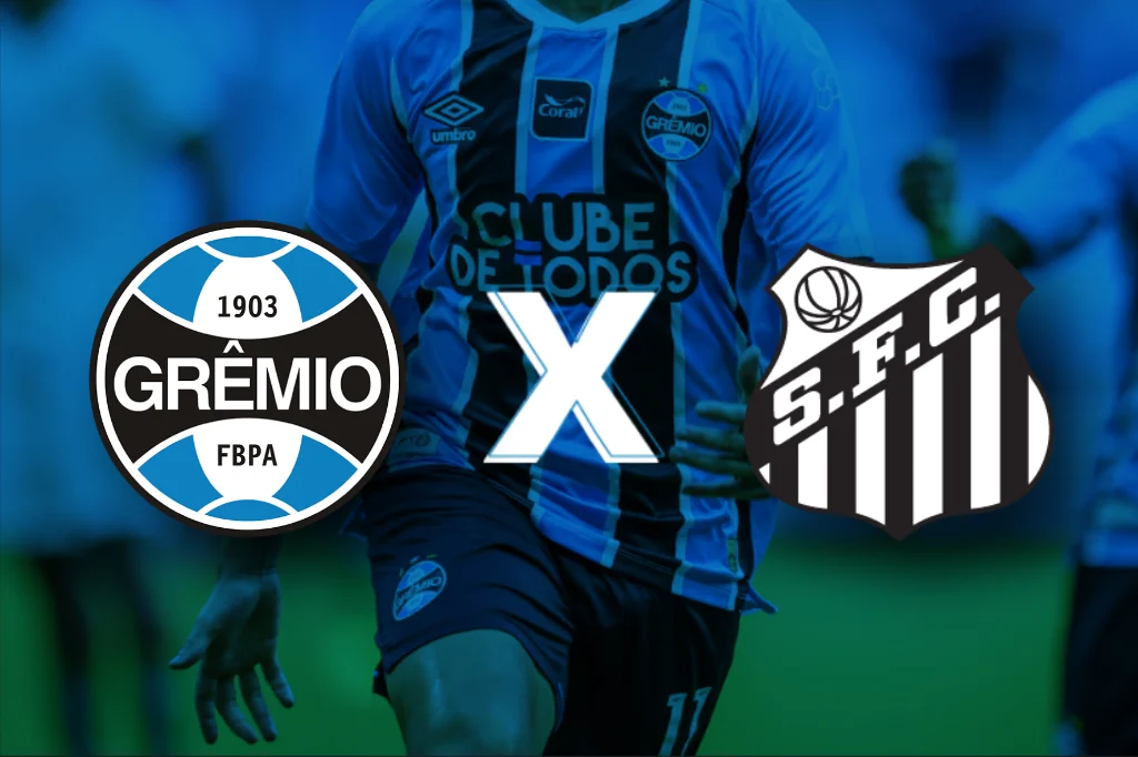 Jogadores de futebol em campo durante partida do Brasileirão entre Grêmio e Santos.
