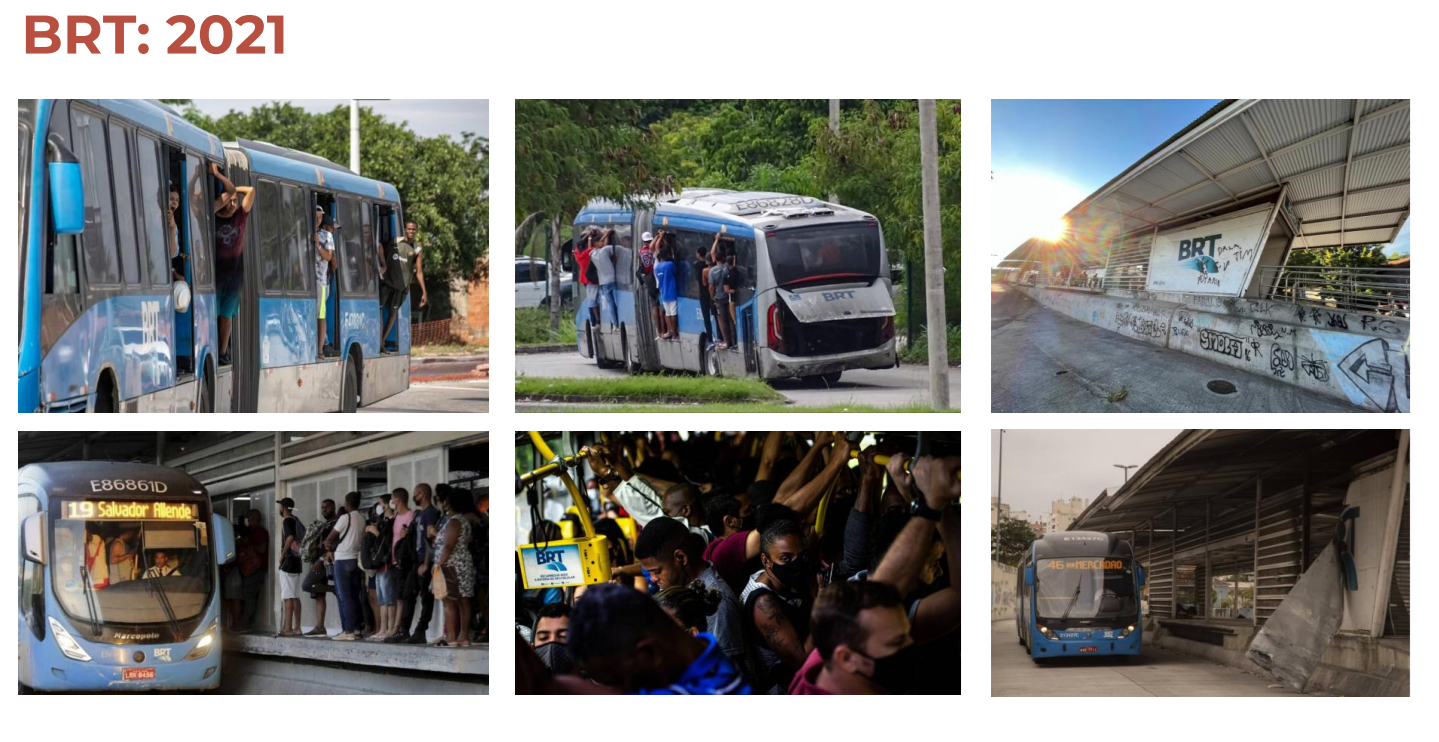 Imagem de uma linha de ônibus do BRT em movimento, com pessoas a bordo, passando por uma área urbanizada.