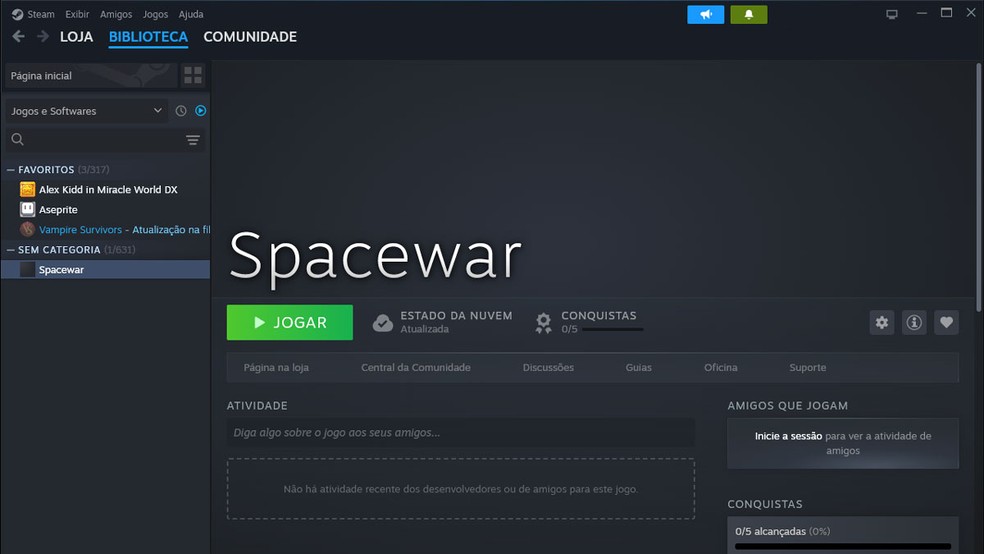 Imagem de Spacewar no Steam, jogo clássico de simulação de voo espacial em uma biblioteca de jogos.