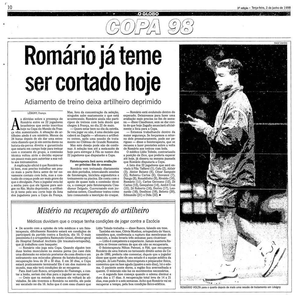 Romário cai lesionado antes da Copa de 1998, lembrando drama semelhante a Neymar.