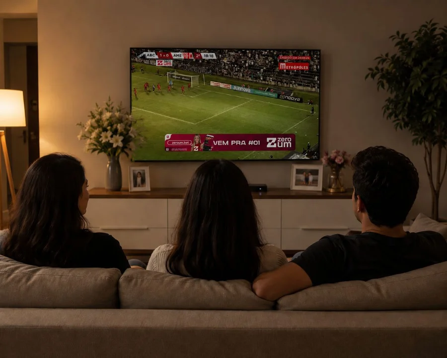 Jornalistas apresentam notícias de futebol e artes marciais em estúdio de TV.