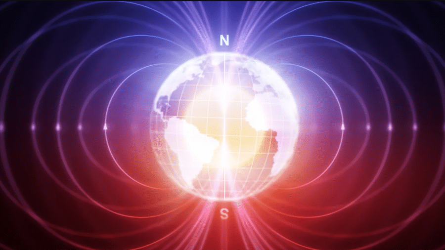 Imagem de satélite mostrando o Polo Norte magnético se movendo rapidamente sobre a Terra.