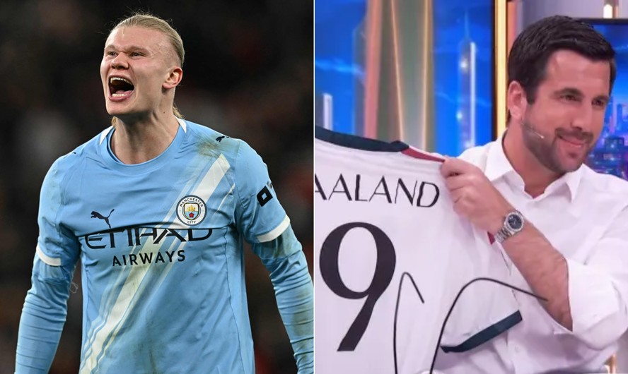 Jornalista segurando papel com notícia de negociação de transferência de Haaland para o Real Madrid