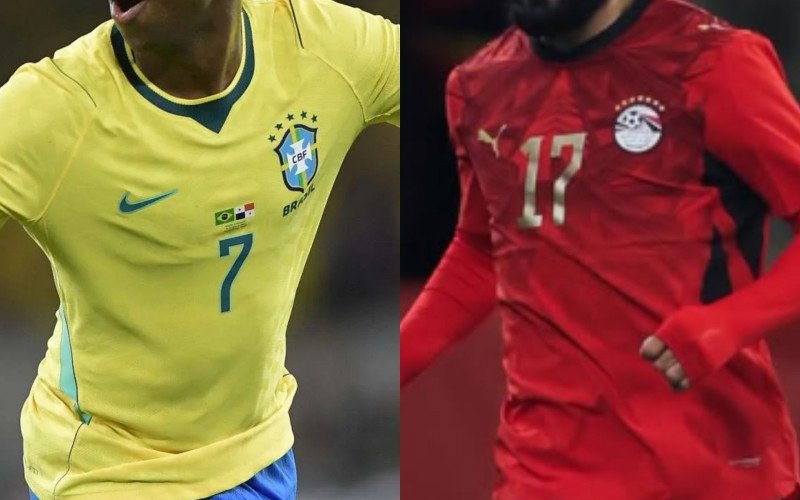 Jogadores da Seleção Brasileira em ação no campo de futebol contra o Egito.