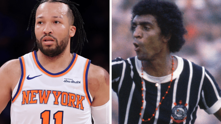 Jalen Brunson, jogador de basquete, em cena de espera, em noite de jogo do Corinthians, com Knicks em foco.