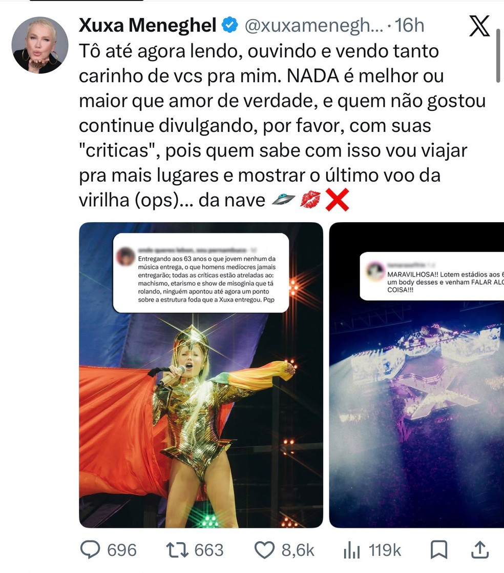 Xuxa é surpreendida por ex-paquita Sorvetão no palco de seu show "Passou do Limite".