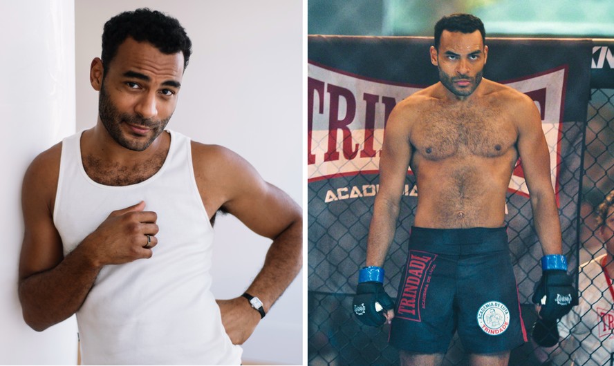 Ator Vinícius Neri em cena de entrevista, sorrindo enquanto fala sobre aulas de dança que o ajudaram a desenvolver seu personagem de MMA.