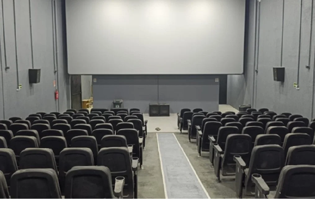 Família sorridente em frente a uma tela de cinema com cartazes de filmes ao fundo.