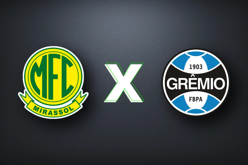 Jogadores de Mirassol e Grêmio em ação no campo de futebol durante partida.