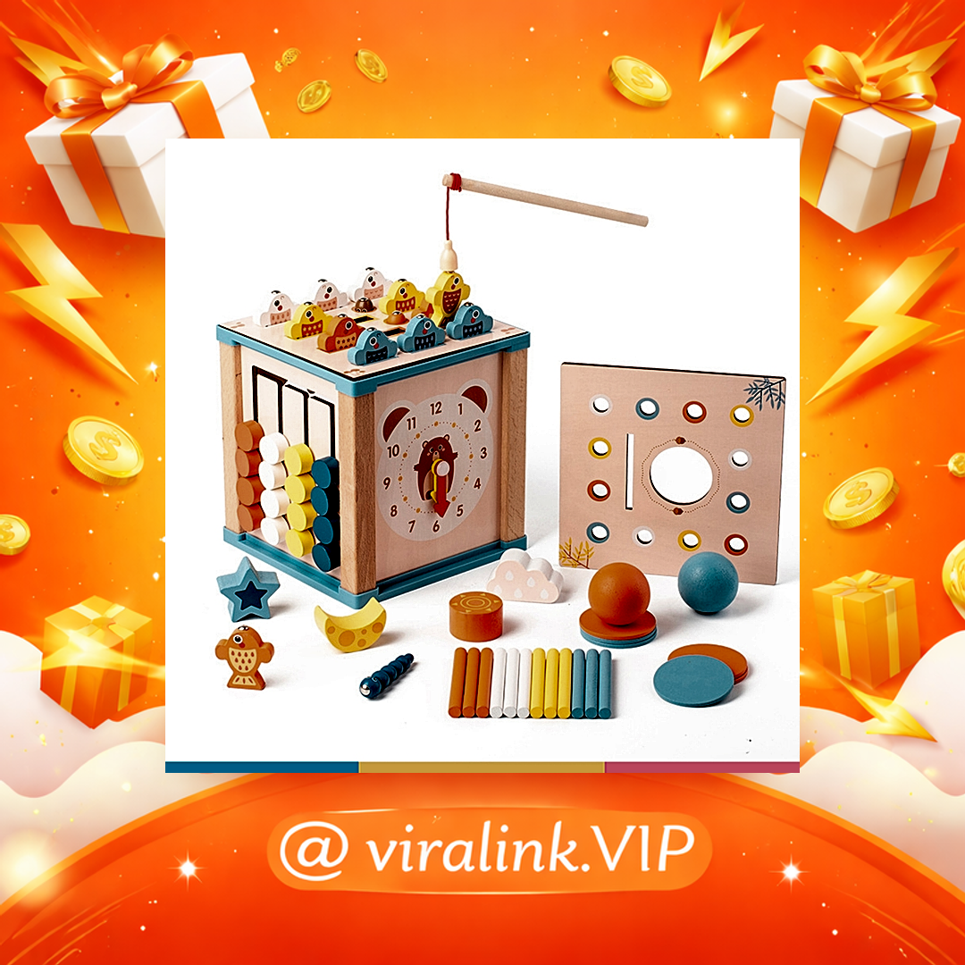 Cubo Montessori de Atividades em Madeira 7-em-1 com Pesca Magnética, Ábaco e Relógio – Educativo 3+