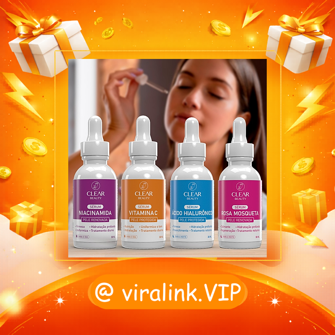 Kit 4 Sérum Facial Skin Care Completo – Niacinamida, Ácido Hialurônico, Rosa Mosqueta e Vitamina C