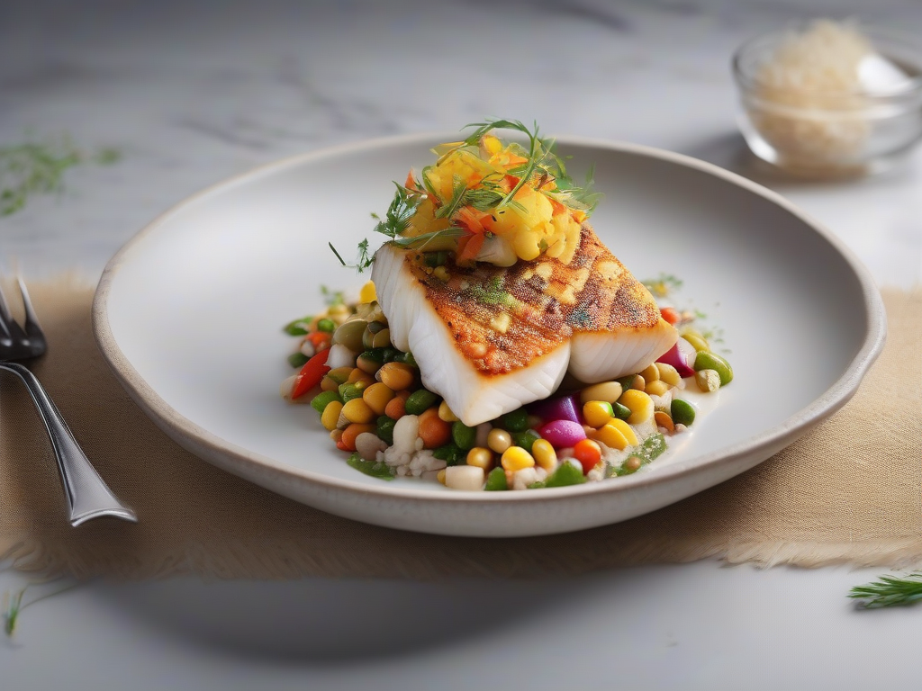 Bacalhau Grelhado com Legumes Coloridos e Salsa de Coco