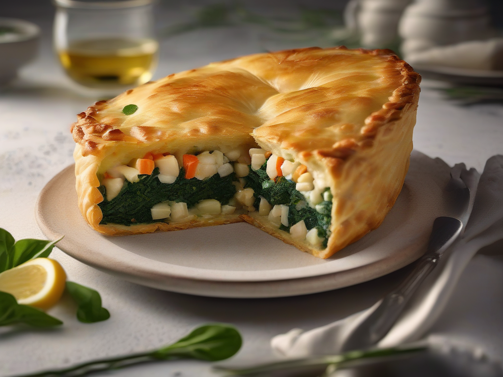 Torta de Bacalhau com Espinafre e Legumes