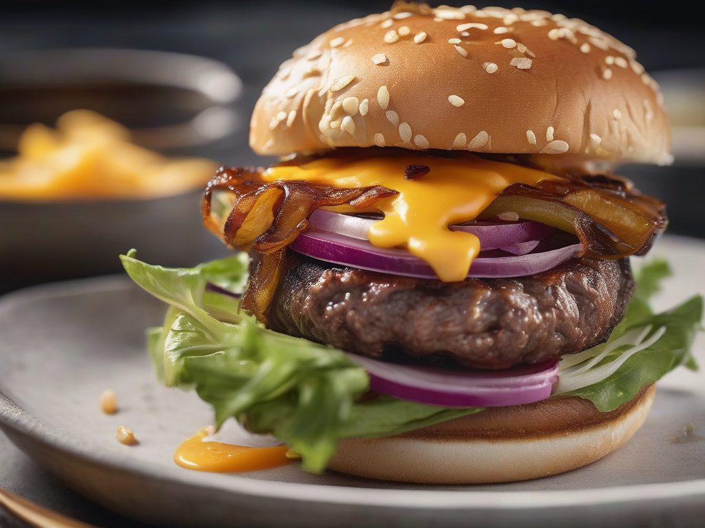 Hambúrguer Gourmet de Carne com Cebola Caramelizada e Queijo Cheddar