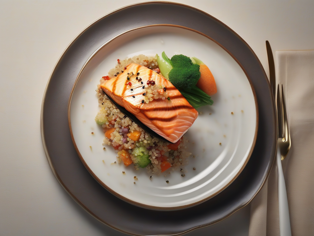 Salmão Grelhado com Legumes Frescos e Quinoa Japonesa