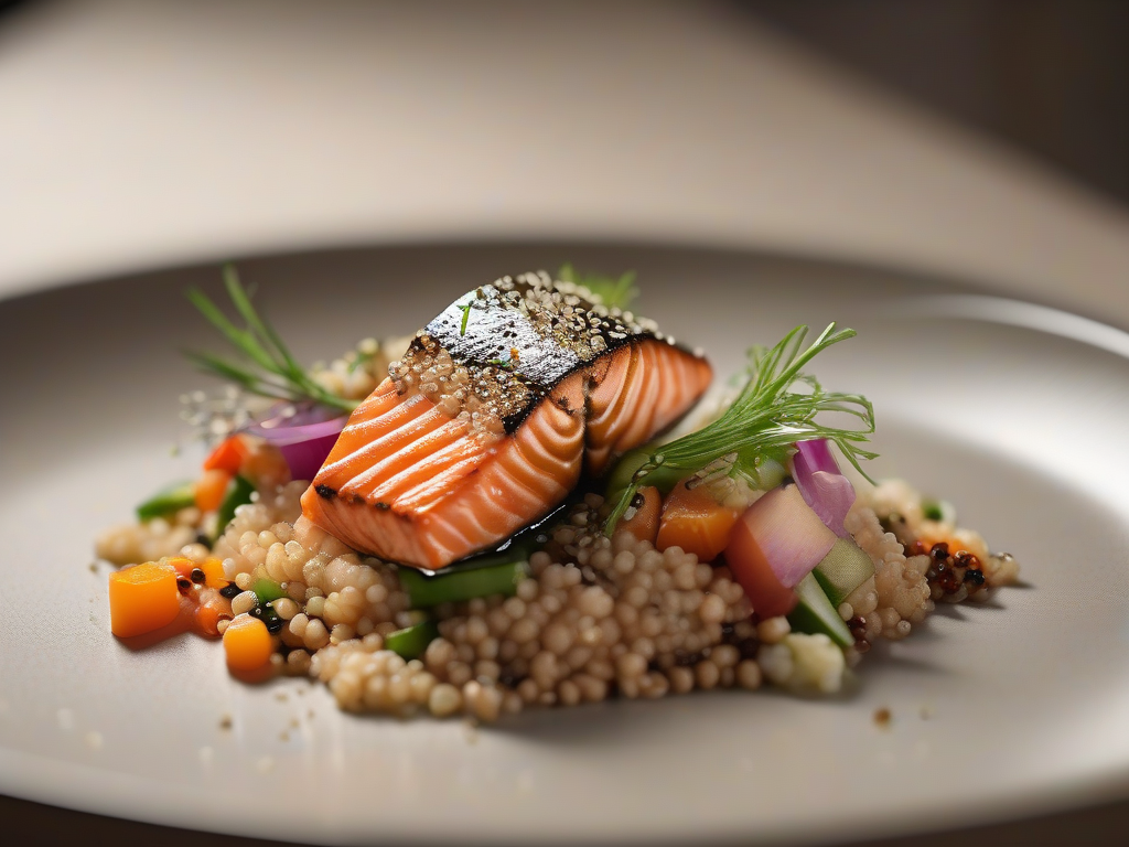Salmão Grelhado com Legumes Frescos e Quinoa Japonesa