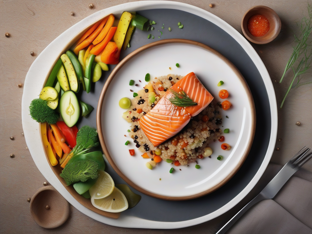 Salmão Grelhado com Legumes Frescos e Quinoa Japonesa