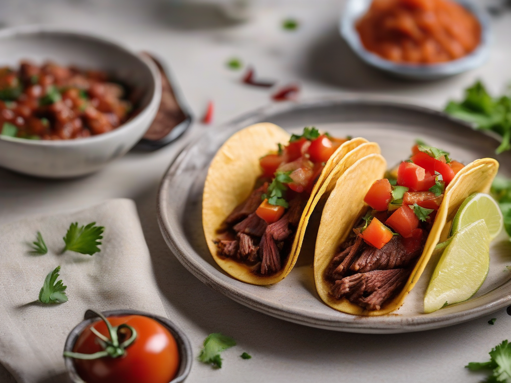 Tacos de Carne de Boi com Salsa de Tomate e Cebola Caramelizada